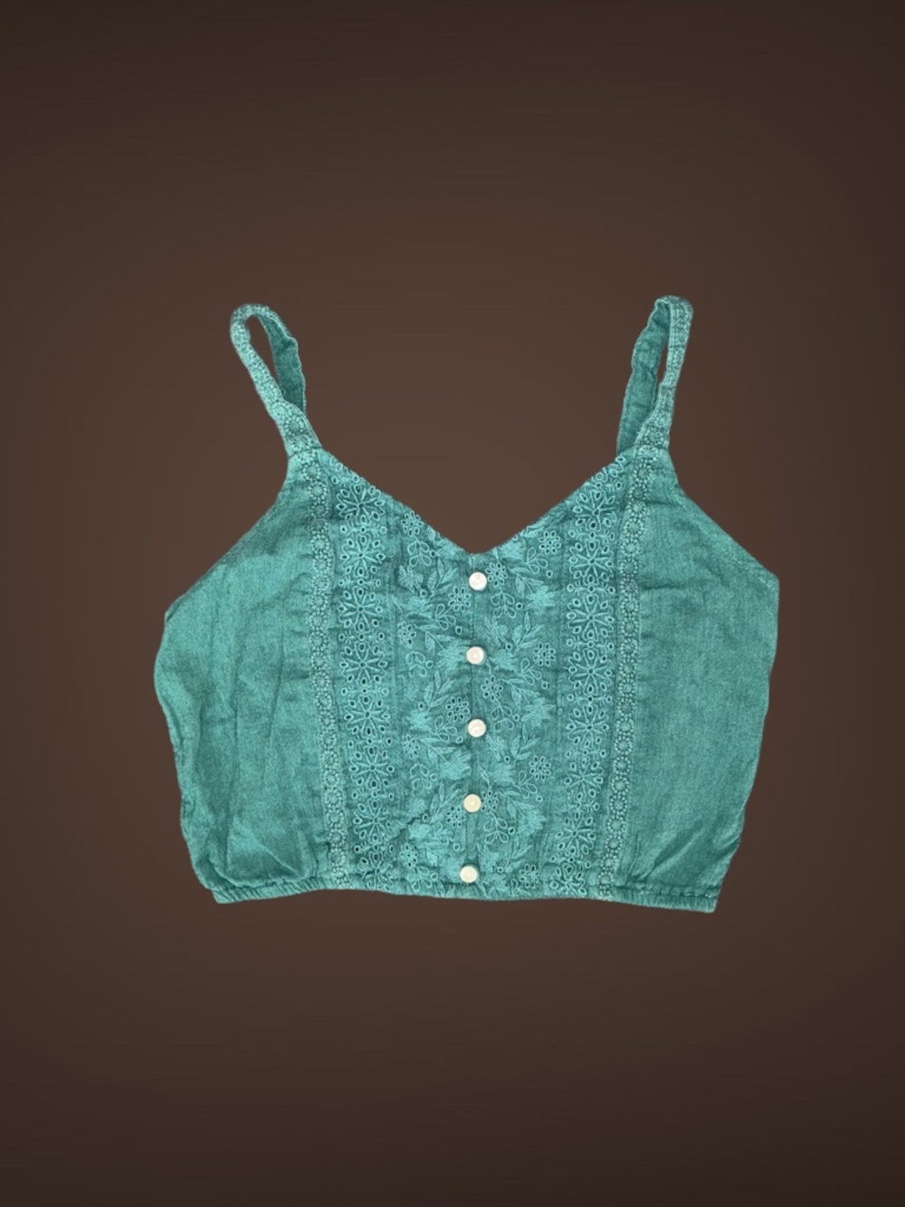 Women's American Eagle Green Crop Top, Button & Floral Embroidered Detail, XS